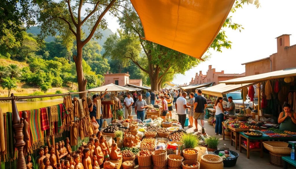 An open-air market along the banks of the Cuale River, bustling with vendors selling handcrafted goods and local produce. A vibrant tapestry of colorful textiles, carved wooden figurines, and woven baskets fills the foreground, inviting visitors to browse and discover unique treasures. In the middle ground, artisans work diligently at their stalls, showcasing their skilled craftsmanship. The background is a blend of lush greenery, traditional adobe buildings, and the glistening waters of the river, creating a serene and picturesque atmosphere. Warm sunlight filters through the shaded canopies, illuminating the scene with a soft, golden glow that evokes a sense of timeless charm and authenticity. An open-air market along the banks of the Cuale River, bustling with vendors selling handcrafted goods and local produce. A vibrant tapestry of colorful textiles, carved wooden figurines, and woven baskets fills the foreground, inviting visitors to browse and discover unique treasures. In the middle ground, artisans work diligently at their stalls, showcasing their skilled craftsmanship. The background is a blend of lush greenery, traditional adobe buildings, and the glistening waters of the river, creating a serene and picturesque atmosphere. Warm sunlight filters through the shaded canopies, illuminating the scene with a soft, golden glow that evokes a sense of timeless charm and authenticity.