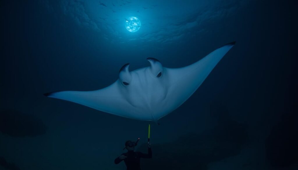 An underwater night scene with a large manta ray gliding effortlessly through the dark waters, its majestic wings outstretched against a backdrop of moonlit waves and gently swaying kelp. Illuminated by the soft glow of bioluminescent plankton, the manta's graceful movements are captured by a wide-angle lens, creating a sense of immersion and wonder. The snorkeler, clad in a wetsuit, hovers close to the manta, observing its mesmerizing dance in awe. The overall atmosphere is serene and mystical, conveying the magic of encountering these gentle giants in their nocturnal habitat.