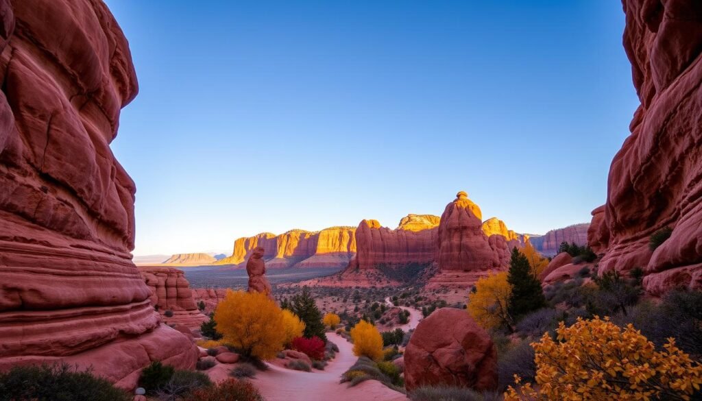Arches National Park, Utah on a crisp October afternoon. In the foreground, towering red sandstone arches frame a landscape of sculpted rock formations, their intricate designs cast in warm golden light. The middle ground features a winding trail leading through the park, flanked by vibrant autumn foliage. In the distance, rugged cliffs rise into a clear azure sky, their silhouettes deepening as the sun begins its descent. The air is cool and refreshing, setting the stage for a breathtaking sunset that will ignite the sky with vibrant hues of orange, pink, and purple, leading into a night filled with twinkling stars.
