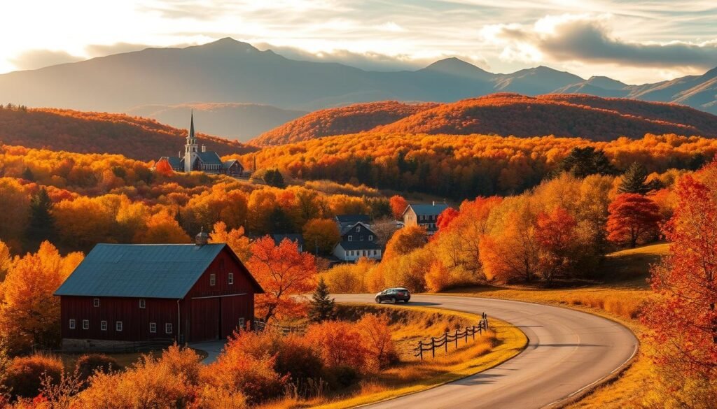 Autumnal landscape of New England, featuring a scenic country road winding through a patchwork quilt of vibrant fall foliage. In the foreground, a classic red barn stands amidst rolling hills, its weathered wooden facade framed by the brilliant oranges, reds, and golds of the surrounding trees. In the middle ground, a quaint New England village nestled between the hills, with charming colonial-style homes and church steeples peeking out from the dense foliage. The background is dominated by a dramatic mountain range, its peaks shrouded in a soft, atmospheric haze. The scene is illuminated by warm, golden sunlight filtering through wispy clouds, casting a cozy, nostalgic glow over the entire pastoral tableau. Crisp, cinematic, and evocative of the quintessential New England autumn.