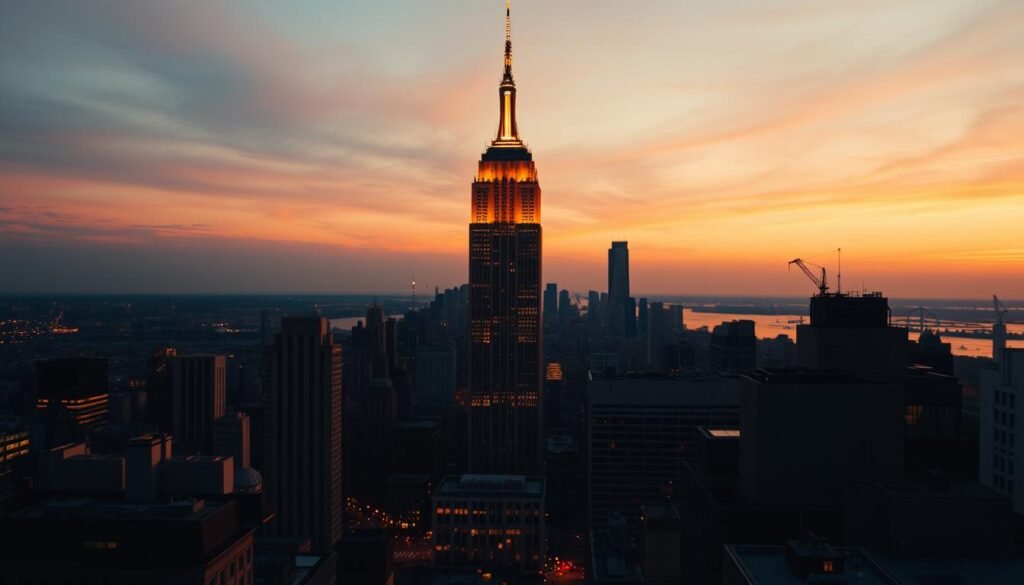 Awe-inspiring view of the iconic Empire State Building at the golden hour, its majestic Art Deco spire silhouetted against a warm, glowing sky. In the foreground, the bustling streets of Manhattan teem with life, captured in a cinematic wide-angle perspective. The building's elegant facade reflects the warm hues of the setting sun, creating a mesmerizing play of light and shadow. Towering above the city, the Empire State Building stands as a timeless symbol of New York's grandeur and resilience, its captivating skyline silhouette framed by skyscrapers and rooftops. An atmospheric, cinematic scene that perfectly encapsulates the magic of the Empire State Building at the golden hour.