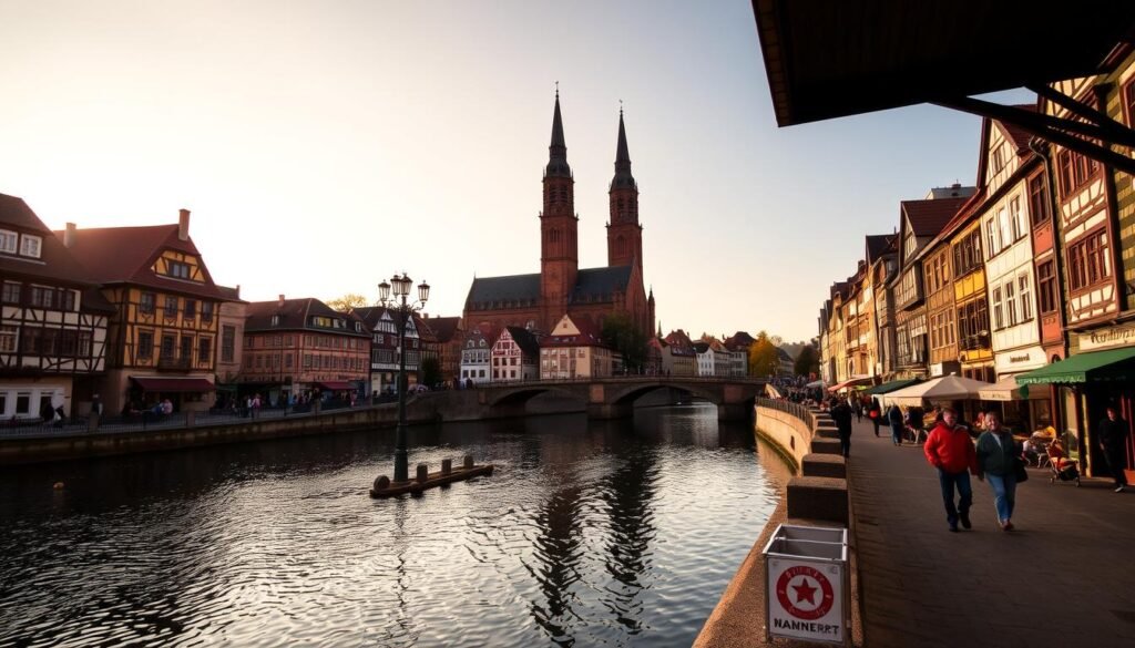 Bamberg's historic old town, a picturesque riverside setting with half-timbered houses, cobblestone streets, and quaint bridges spanning the Regnitz River. A wide-angle lens captures the charming scene - the iconic Cathedral of Bamberg in the background, its twin spires rising majestically, framed by the colorful buildings lining the riverbanks. In the foreground, a serene canal reflects the warm, golden light of the setting sun, creating a dreamlike atmosphere. Pedestrians stroll along the waterfront, adding a sense of life and activity to the timeless, Bavarian ambiance. This enchanting view showcases Bamberg's "Little Venice" and the well-preserved medieval character that make it a beloved destination in Germany.