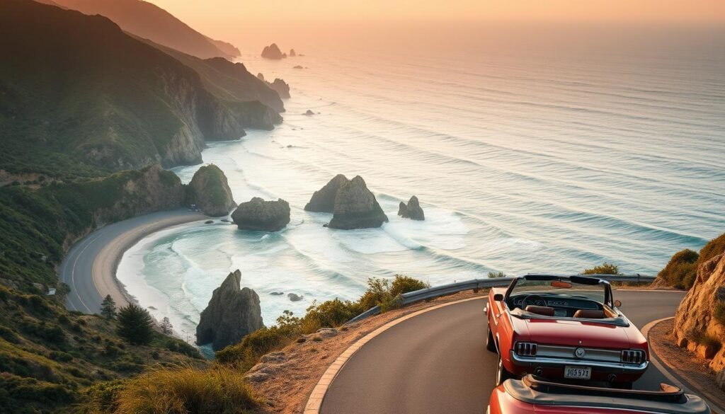 Breathtaking coastal scenery along the Pacific Coast Highway, with rugged cliffs, crashing waves, and the iconic curved road winding through lush, verdant hills. In the foreground, a classic American convertible car navigates the winding road, capturing the spirit of a quintessential West Coast road trip. The mid-ground features dramatic rock formations and secluded coves, while the background showcases the vast, azure Pacific Ocean horizon, bathed in warm, golden afternoon light. The overall scene evokes a sense of adventure, freedom, and the timeless beauty of America's iconic Pacific Coast.