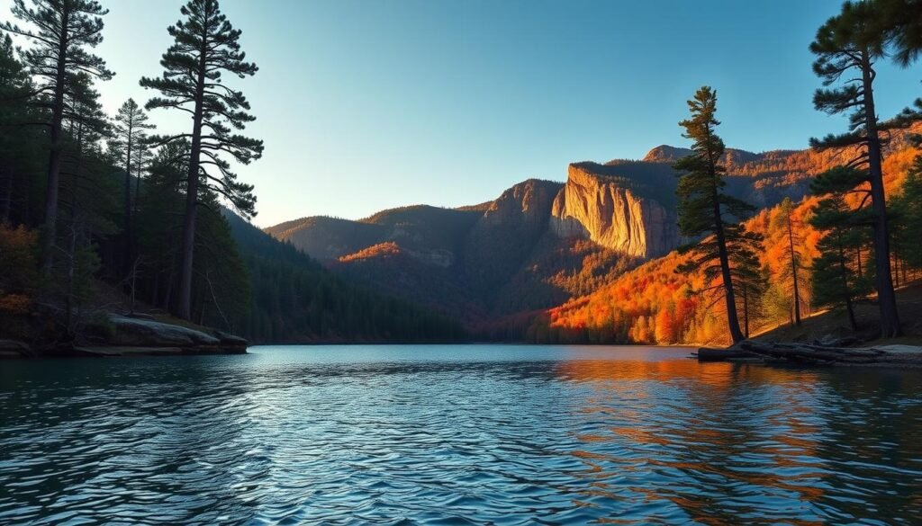 Broken Bow Lake, nestled in the lush Ouachita Mountains of Oklahoma, reflecting the vibrant hues of the surrounding forests under a golden hour sky. In the foreground, the pristine waters shimmer, inviting the viewer to admire the natural beauty. Towering pine trees frame the middle ground, casting long shadows across the serene landscape. In the distance, rugged cliffs rise up, their peaks bathed in warm, soft light, creating a sense of peaceful solitude. The entire scene is infused with a tranquil, ethereal atmosphere, capturing the essence of the "Scenic tours and elevated views" that await visitors to this picturesque destination.