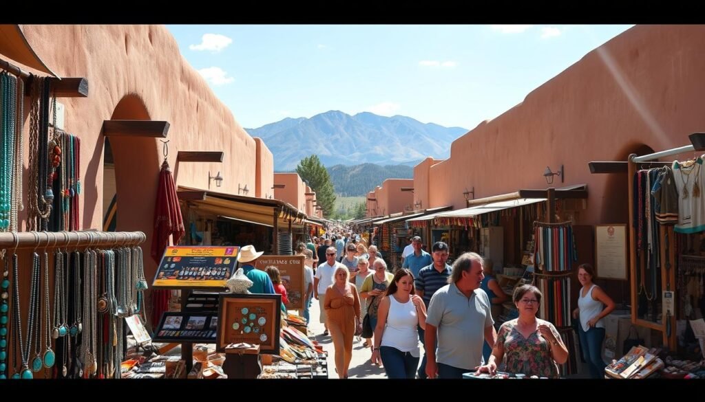 Bustling Santa Fe marketplace, vibrant stalls brimming with handcrafted jewelry, woven textiles, and local artisan goods. Sunlight filters through adobe architecture, casting warm hues on the lively scene. In the foreground, vendors display their wares - turquoise necklaces, sterling silver rings, and intricate beadwork. In the middle ground, shoppers browse the offerings, immersed in the lively atmosphere. The background features the iconic Sangre de Cristo mountains, their peaks reaching towards a cloudless sky. Capture the essence of this enchanting New Mexican market, where culture, craft, and community converge. Bustling Santa Fe marketplace, vibrant stalls brimming with handcrafted jewelry, woven textiles, and local artisan goods. Sunlight filters through adobe architecture, casting warm hues on the lively scene. In the foreground, vendors display their wares - turquoise necklaces, sterling silver rings, and intricate beadwork. In the middle ground, shoppers browse the offerings, immersed in the lively atmosphere. The background features the iconic Sangre de Cristo mountains, their peaks reaching towards a cloudless sky. Capture the essence of this enchanting New Mexican market, where culture, craft, and community converge.