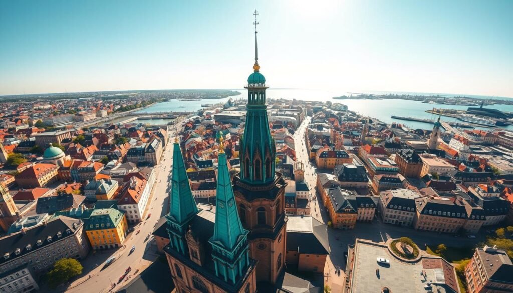 Christiansborg Tower, a striking landmark in the heart of Copenhagen, stands tall against the backdrop of a vibrant, sun-drenched cityscape. Capture the grandeur of this historic structure from a breathtaking elevated perspective, with its distinct copper-green spires and intricate architectural details gleaming in the warm, golden light. Immerse the viewer in the bustling energy of the city, showcasing the lively streets, charming rooftops, and the distant glistening harbor. Employ a wide-angle lens to create a sense of depth and scale, highlighting the tower's commanding presence within the urban landscape. Convey a mood of tranquility and wonder, inviting the viewer to imagine themselves strolling through the vibrant heart of Copenhagen.