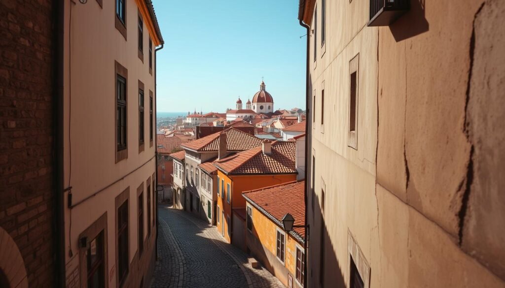 Cobblestone streets wind through the historic Alfama district of Lisbon, Portugal. The camera captures an elevated walking view, showcasing the traditional tile-roofed buildings and winding alleyways below. Warm, golden sunlight filters through the narrow streets, casting long shadows and creating a serene, picturesque atmosphere. In the distance, the iconic red-tiled roofs and church spires of Alfama's landmarks are visible, hinting at the vibrant cultural heritage of this ancient neighborhood. The scene evokes a sense of timeless tranquility, inviting the viewer to wander the charming streets and soak in the unique character of Alfama.