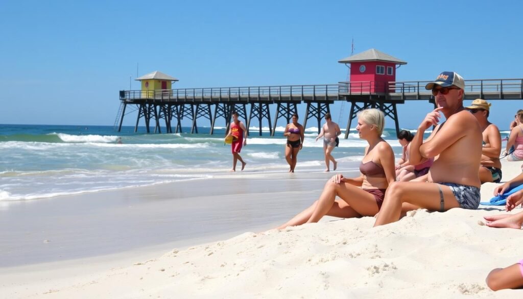 Cocoa Beach, Florida, on a bright sunny day. In the foreground, a group of beachgoers enjoying the soft, golden sand and gentle waves. They are wearing sun-protective clothing and applying sunscreen, mindful of the powerful Florida sun. In the middle ground, lifeguards in their red and yellow uniforms stand vigilant, keeping a watchful eye over the swimmers and surfers. The background features the iconic Cocoa Beach Pier, its wooden structure silhouetted against a clear blue sky. The scene conveys a sense of safety, relaxation, and a deep appreciation for the natural beauty of this coastal Florida destination. Cocoa Beach, Florida, on a bright sunny day. In the foreground, a group of beachgoers enjoying the soft, golden sand and gentle waves. They are wearing sun-protective clothing and applying sunscreen, mindful of the powerful Florida sun. In the middle ground, lifeguards in their red and yellow uniforms stand vigilant, keeping a watchful eye over the swimmers and surfers. The background features the iconic Cocoa Beach Pier, its wooden structure silhouetted against a clear blue sky. The scene conveys a sense of safety, relaxation, and a deep appreciation for the natural beauty of this coastal Florida destination.
