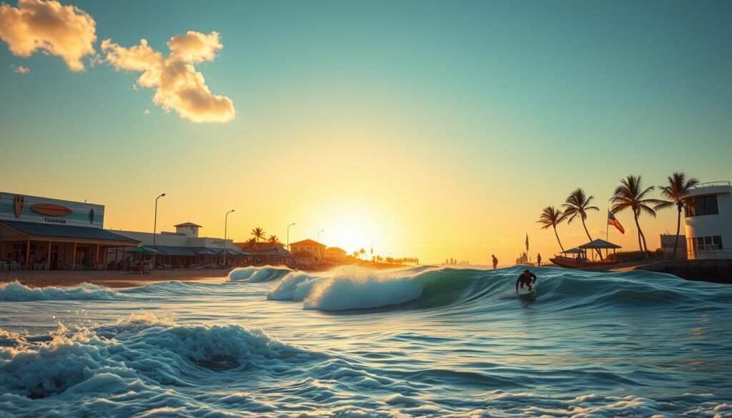 Cocoa Beach surf: A vibrant, sun-drenched scene. In the foreground, crashing waves crash against the sandy shores, their white foam dancing in the warm breeze. Surfers glide across the rolling swells, their boards cutting through the water with graceful precision. The middle ground reveals a bustling beach culture, with colorful surf shops, outdoor cafes, and the iconic Florida Surf Museum, its facade adorned with surfboard relics. In the distance, the horizon is painted in a soft, golden glow, with palm trees swaying gently against the backdrop of a cloudless, azure sky. Crisp, high-contrast lighting captures the energy and excitement of this quintessential Florida surf destination. Cocoa Beach surf: A vibrant, sun-drenched scene. In the foreground, crashing waves crash against the sandy shores, their white foam dancing in the warm breeze. Surfers glide across the rolling swells, their boards cutting through the water with graceful precision. The middle ground reveals a bustling beach culture, with colorful surf shops, outdoor cafes, and the iconic Florida Surf Museum, its facade adorned with surfboard relics. In the distance, the horizon is painted in a soft, golden glow, with palm trees swaying gently against the backdrop of a cloudless, azure sky. Crisp, high-contrast lighting captures the energy and excitement of this quintessential Florida surf destination.