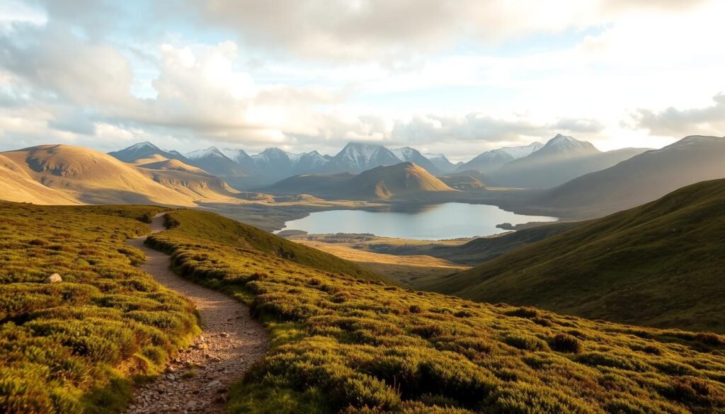 Connemara national park, a sprawling expanse of rugged beauty in the west of Ireland. A serene landscape of rolling hills, crystal-clear lakes, and ancient bogs, bathed in the soft, golden light of a late summer afternoon. In the foreground, a winding hiking trail leads through a verdant, mossy forest, inviting the viewer to explore. In the middle ground, a tranquil lake reflects the surrounding mountains, their peaks capped with a dusting of snow. In the distance, the iconic Twelve Bens mountain range rises majestically, their dramatic silhouettes framed by a dramatic, cloud-filled sky. The scene exudes a sense of timelessness, a harmonious blend of nature, history, and the indomitable spirit of the Emerald Isle.