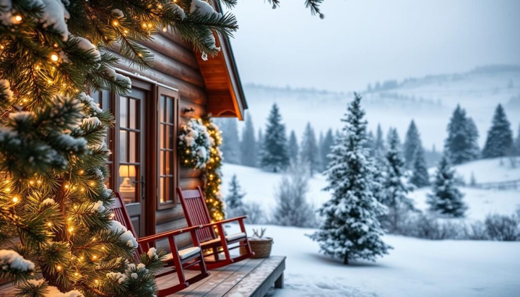 Cozy Christmas lights list: a festive winter scene with twinkling fairy lights laced through pine boughs, casting a warm glow across a quaint, snow-dusted wooden cabin. In the foreground, an inviting front porch adorned with garlands and a pair of gently swaying rocking chairs. Through the frosty window, a glimpse of a cozy interior, perhaps with a crackling fireplace and hot cocoa mugs. The background features a serene, snowy landscape, with gentle hills and towering evergreen trees. The lighting is soft and atmospheric, with the Christmas lights creating a magical, enchanting ambiance. The overall mood is one of tranquil holiday charm and comfortable, homey contentment.