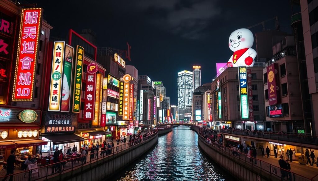 Dotonbori neon night: A mesmerizing urban landscape of vibrant lights, bustling crowds, and a picturesque river. In the foreground, towering neon signs and billboards blaze with a dazzling array of colors, casting a warm glow over the walkways and restaurants below. In the middle ground, pedestrians stroll along the Dotonbori River, taking in the lively atmosphere and reflecting the lights in the rippling waters. In the background, the iconic Glico Man sign and other architectural landmarks stand tall, creating a visually striking skyline. The scene is illuminated by a combination of warm, incandescent lighting and cooler, LED-powered illuminations, evoking a captivating blend of old and new. The overall mood is one of energy, excitement, and a sense of immersion in the vibrant heart of Osaka.