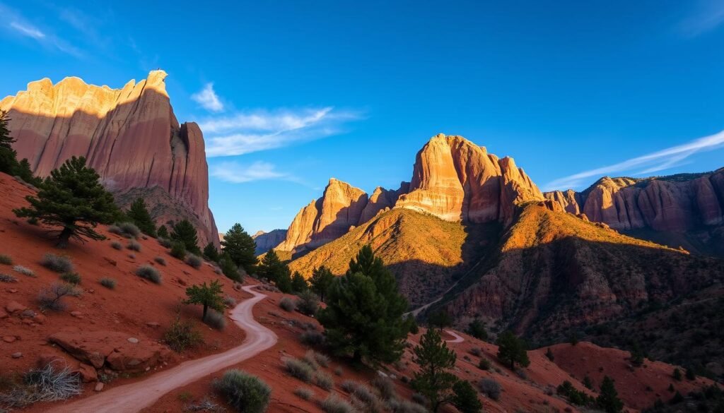 Dramatic vista of Smith Rock State Park in Bend, Oregon. Towering sandstone cliffs rise against a cloudless, azure sky. In the foreground, a winding trail snakes through rugged, ochre terrain, leading hikers towards the famous Misery Ridge. Scattered pines dot the scene, casting mottled shadows across the landscape. The sun illuminates the weathered rock face, casting a warm, golden glow over the entire composition. A sense of scale is conveyed through the inclusion of small figures ascending the challenging, technical climbing routes that have made this destination a mecca for outdoor enthusiasts. An epic, awe-inspiring landscape exuding adventure and natural beauty.
