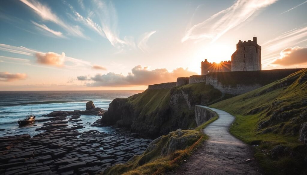 Dunluce castle stands atop a dramatic cliff, overlooking the crashing waves of the North Atlantic. As the golden sun sets, its warm glow bathes the ancient ruins in a soft, ethereal light. Wispy clouds drift across the sky, casting ever-changing shadows on the weathered stone walls. In the foreground, the rugged coastline is dotted with tidepools and smooth, wind-sculpted rocks. A narrow path winds its way down to a small harbor, where a lone fishing boat is silhouetted against the vibrant sunset. The scene exudes a sense of timeless solitude and natural beauty, perfectly capturing the essence of Northern Ireland's stunning coastal landscapes.
