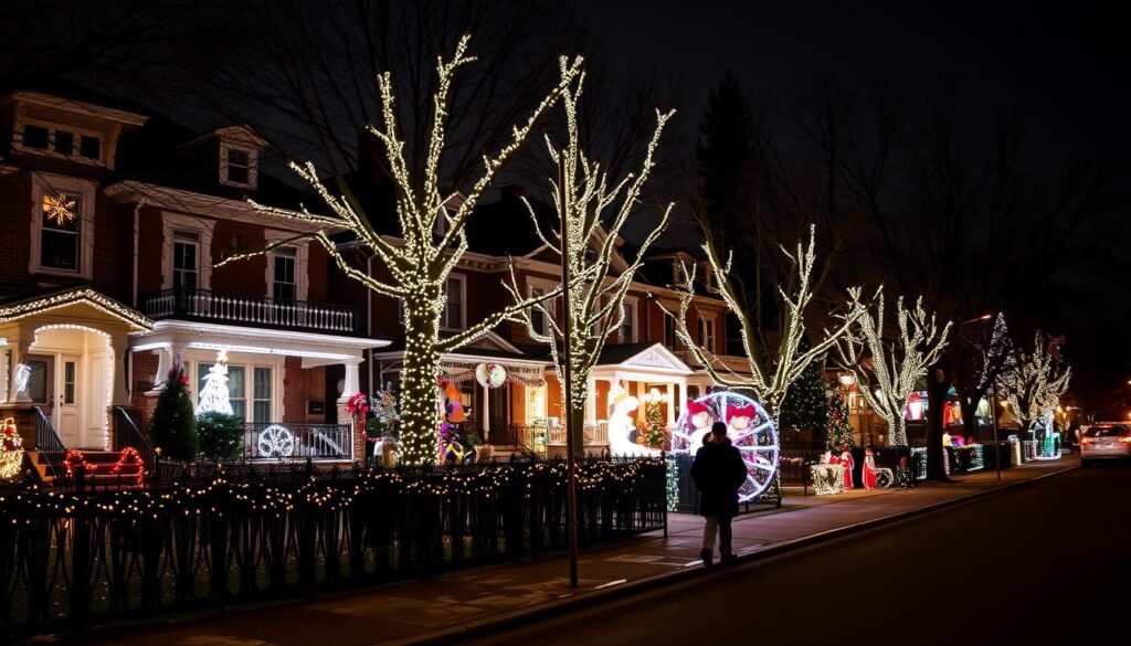 Dyker Heights at night, Brooklyn, New York in the winter. Lavish holiday light displays adorn the facades and yards of stately homes, illuminating the quiet residential streets with a dazzling array of twinkling lights, illuminated sculptures, and festive decor. The warm glow of the lights contrasts with the cool, crisp air, creating a magical, enchanting atmosphere. Capture the scene with a wide-angle lens, showcasing the grand scale and meticulous attention to detail of these spectacular light shows that have made Dyker Heights a famous holiday destination. Convey the sense of wonder, joy, and community spirit that this beloved annual tradition evokes.
