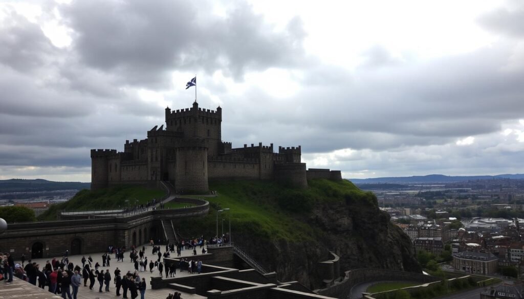 Edinburgh Castle, a majestic fortress perched atop Castle Rock, overlooking the historic city of Edinburgh, Scotland. The grand castle, with its imposing stone walls and turrets, stands proudly against the backdrop of a moody, overcast sky. Sunlight filters through the clouds, casting dramatic shadows and highlights across the weathered architecture. In the foreground, the forecourt is bustling with visitors, their figures silhouetted as they explore the grounds. The middle ground reveals the iconic Scottish flag fluttering in the breeze, a symbol of the castle's proud heritage. The surrounding cityscape, with its charming medieval buildings and winding streets, creates a captivating panoramic view from the castle's elevated position. Capture the essence of this iconic landmark, a can't-miss attraction in the heart of Edinburgh.