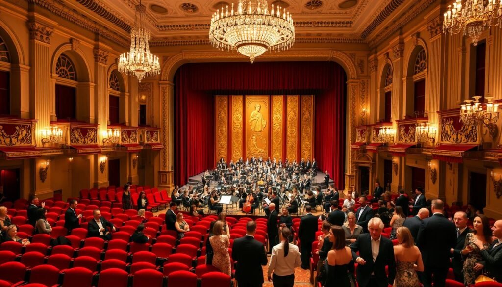 Elegant performance arts venue in the heart of San Francisco, with a stunning neoclassical exterior and a grand, well-lit interior. Plush red velvet seats fill the auditorium, where a symphony orchestra performs on a spacious stage backed by ornate gold-gilded panels. Wealthy patrons dressed in formal attire mingle in the lobby, under the warm glow of crystal chandeliers. The atmosphere exudes sophistication, culture, and the excitement of live music, dance, and theatrical productions. Elegant performance arts venue in the heart of San Francisco, with a stunning neoclassical exterior and a grand, well-lit interior. Plush red velvet seats fill the auditorium, where a symphony orchestra performs on a spacious stage backed by ornate gold-gilded panels. Wealthy patrons dressed in formal attire mingle in the lobby, under the warm glow of crystal chandeliers. The atmosphere exudes sophistication, culture, and the excitement of live music, dance, and theatrical productions.