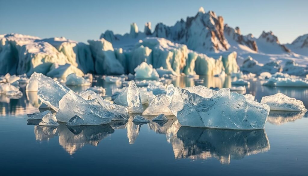 Ethereal glacial ice, sculpted by wind and water, floating serenely in a mirror-like lagoon. Luminescent shards glisten in the soft, golden light, casting mesmerizing reflections across the still, glass-like surface. Towering, jewel-toned icebergs loom in the background, their sharp edges and organic curves creating a mesmerizing interplay of light and shadow. A sense of tranquility and wonder permeates the scene, inviting the viewer to immerse themselves in the captivating beauty of this natural wonder.
