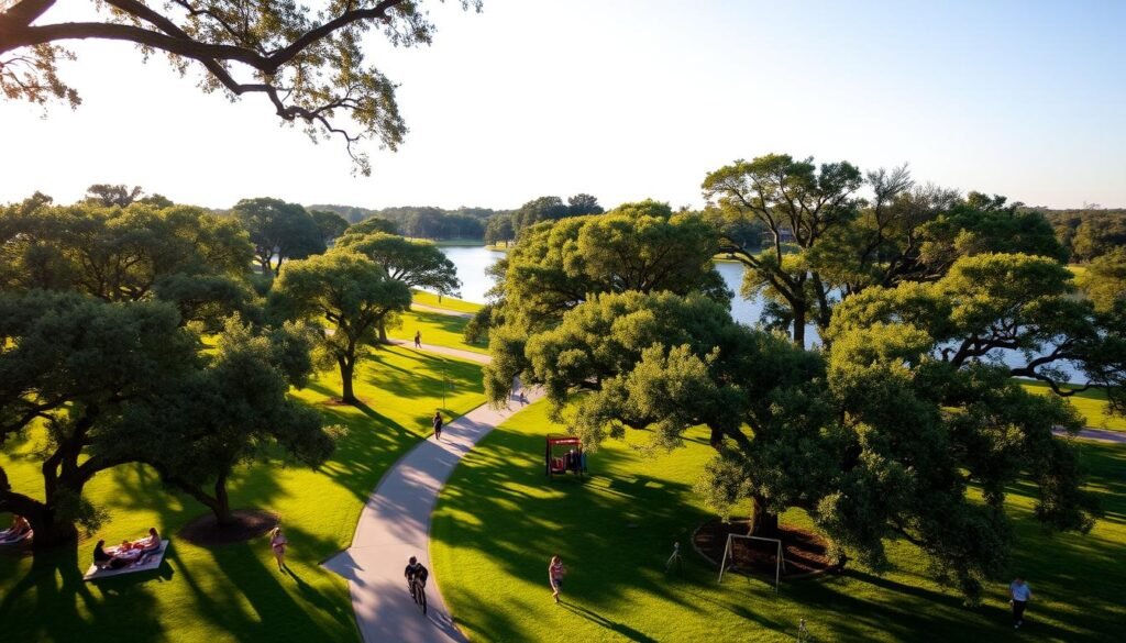 Expansive green parklands, dotted with towering oak trees casting dappled shadows. A winding paved path leads through the lush foliage, inviting leisurely strolls and jogs. In the distance, a tranquil lake shimmers, its glassy surface reflecting the clear blue sky above. Families gather on picnic blankets, children play on swings and slides, while joggers and cyclists weave through the tranquil scene. Warm afternoon sunlight filters through the leaves, creating a serene and inviting atmosphere. This idyllic park setting captures the essence of outdoor recreation and relaxation that defines the vibrant city of Gainesville, Florida.
