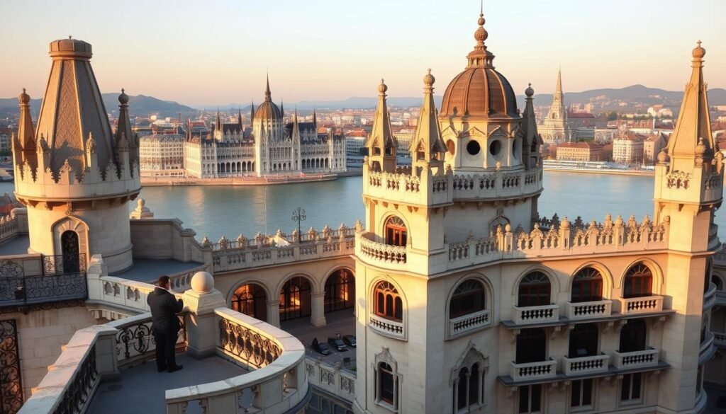 Fisherman's Bastion at sunrise, with its ornate neo-Gothic turrets and terraces overlooking the Danube River and the Budapest skyline. A warm, golden glow illuminates the pale limestone, casting soft shadows across the intricate architectural details. In the foreground, a lone fisherman stands on one of the viewing platforms, gazing out over the city. The middle ground features the graceful arches and balconies of the terrace, inviting visitors to explore. In the background, the iconic spires of the Matthias Church and the Buda Hills create a picturesque backdrop. The scene evokes a sense of timeless beauty and tranquility, perfectly capturing the essence of this iconic Budapest landmark.