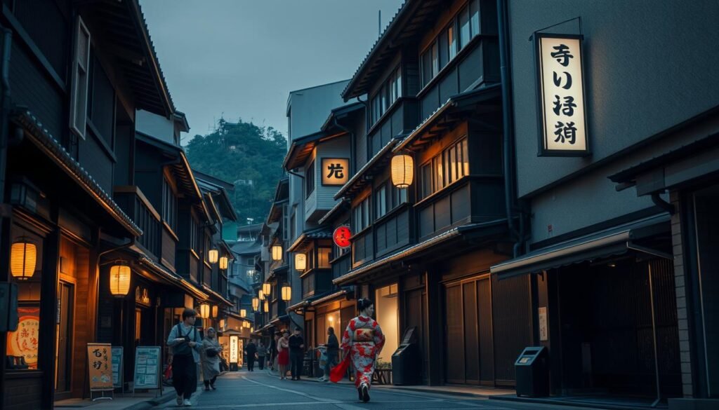 Gion street, Kyoto's iconic geisha district, bathed in the soft glow of dusk. Rows of traditional machiya townhouses line the narrow alleyways, their wooden facades and overhanging second floors casting long shadows. Lantern-lit okiya houses peek out between the buildings, hinting at the hidden world of geisha culture. In the foreground, a lone figure in a vibrant kimono strolls leisurely, their graceful steps echoing the timeless rhythm of this historical neighborhood. A wide-angle lens captures the scene's depth, embracing the atmospheric mix of modern and timeless elements that define the spirit of Gion.