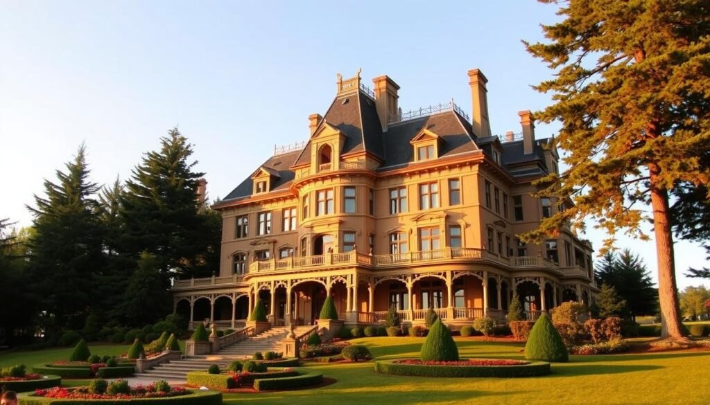 Glensheen Mansion, a grand estate nestled along the shores of Lake Superior, its regal facade bathed in warm, golden light. The stately building stands tall, its ornate architecture and intricate details capturing the essence of early 20th-century opulence. Lush, manicured grounds surround the mansion, with meticulously maintained gardens and towering trees that sway gently in the breeze. Visitors can almost feel the weight of history as they gaze upon this iconic Duluth landmark, a testament to the city's rich heritage and the captivating stories that linger within its walls.