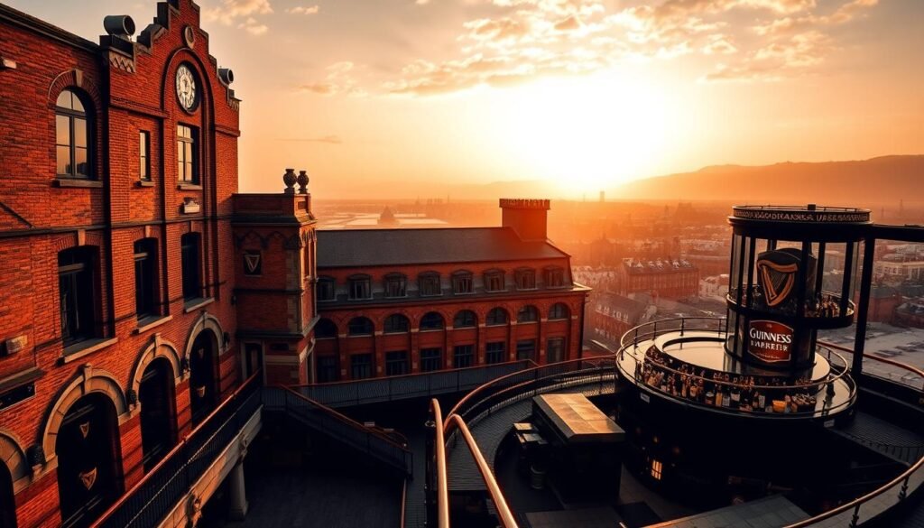 Guinness Storehouse, a majestic architectural marvel, stands as an iconic symbol of Dublin's rich brewing heritage. Capture its grandeur with a sweeping panoramic view, showcasing the building's intricate brick facade and striking silhouette against a soft, golden-hued sky. Delve into the heart of the structure, where the interplay of light and shadow creates a captivating atmosphere, inviting visitors to explore the historical depths of this celebrated institution. Showcase the Gravity Bar, a crown jewel within the Storehouse, offering breathtaking 360-degree views of the city skyline. Imbue the scene with a sense of timeless elegance and the allure of Ireland's renowned hospitality.