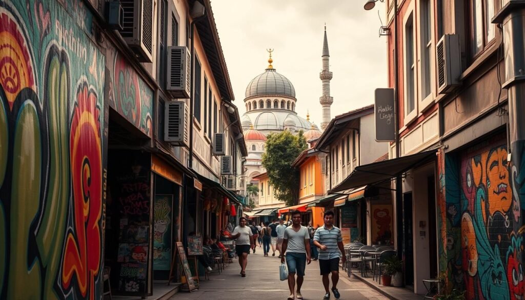 Haji Lane, a vibrant alleyway in Singapore's Kampong Glam district, showcases a captivating array of street art. Capture the essence of this cultural hub with a detailed scene: In the foreground, vibrant murals adorn the walls, their colors and patterns dancing across the narrow street. In the middle ground, pedestrians stroll past quaint shops and cafes, immersed in the lively atmosphere. In the background, the iconic domes and minarets of the Sultan Mosque rise, a testament to the district's rich heritage. Utilize warm, natural lighting to accentuate the textures and vibrancy of the scene, and frame the composition with a wide-angle lens to convey the bustling energy of this must-see destination.