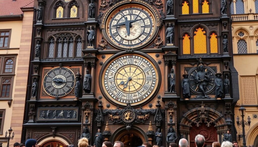 Imposing medieval astronomical clock in the heart of Prague's Old Town Square. Intricate bronze mechanisms, ornate astronomical dials, and a procession of apostle figures announce the hour with precision. Warm golden light filters through stained glass windows, casting a reverent glow over the clock's ornate Gothic details. Crowds gather below, anticipating the chiming show as the clock's animated figures spring to life. Capture the majesty and historical significance of this iconic Prague landmark, its timeless design evoking a sense of wonder and awe.