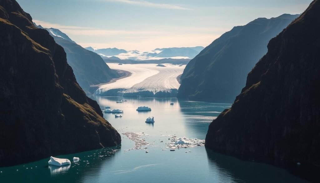 Kenai Fjords National Park: a majestic tableau of rugged coastal mountains, glacial fjords, and pristine wilderness. In the foreground, towering cliffs plunge into the turquoise waters, their jagged edges carved by millennia of glacial movement. Floating icebergs glisten in the sunlight, casting shimmering reflections on the calm, mirror-like surface. In the middle ground, a magnificent tidewater glacier calves chunks of ice, the thunderous cracking echoing across the inlet. Beyond, snow-capped peaks rise in the distance, their slopes blanketed in lush evergreen forests. The scene is bathed in soft, diffused lighting, creating a serene and awe-inspiring atmosphere that captures the raw, untamed beauty of Alaska's Kenai Fjords National Park.