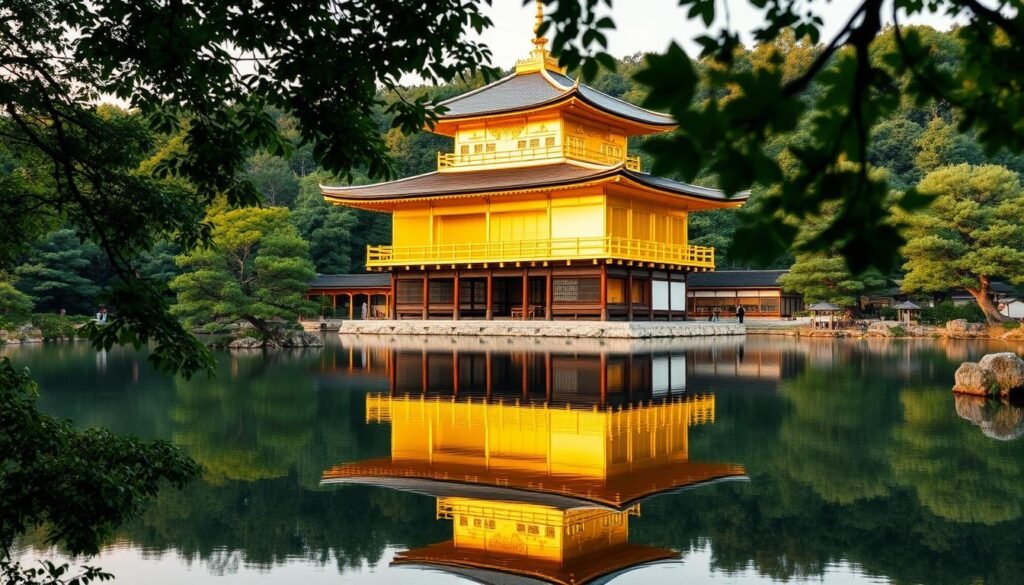 Kinkaku-ji temple, a shimmering jewel in Kyoto's verdant landscape. A magnificent golden pavilion reflected in a tranquil pond, its ornate architecture and serene surroundings bathed in warm, golden light. Capture the temple's iconic silhouette from a low angle, framed by lush, verdant foliage. Emphasize the intricate details of the pavilion's exquisite design, with its striking golden facade glistening under a soft, diffused natural illumination. Convey a sense of timeless elegance and tranquility, as if suspending the viewer in a moment of profound contemplation and wonder.