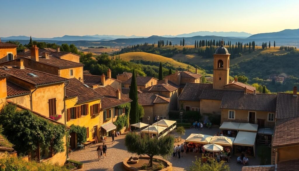 Luberon villages nestled in the rolling hills of Provence, bathed in warm golden light. Quaint stone houses with terracotta roofs cluster along winding cobblestone streets, their facades adorned with blooming window boxes and ivy-covered walls. A picturesque town square bustles with locals browsing open-air markets, their conversations punctuated by the chiming of a centuries-old bell tower. In the distance, the silhouettes of cypress trees dot the lavender-scented landscape, leading the eye towards the hazy blue peaks of the Luberon Mountains. This tranquil, timeless scene captures the essence of the Provençal way of life.