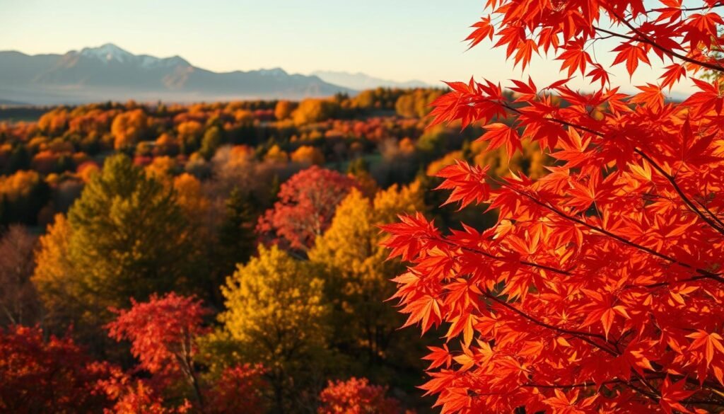 Lush, autumnal foliage cascading across a scenic vista, captured in warm, golden-hour light. A foreground of vibrant red and orange maple leaves, their intricate details rendered with photorealistic precision. In the middle ground, a mix of deep greens, burnished yellows, and rich ochres from diverse deciduous trees, their branches swaying gently in a soft breeze. The background features a distant mountain range, its peaks capped with a dusting of early snow, creating a serene, tranquil atmosphere. Shoot with a wide-angle lens to emphasize the grandeur of the landscape, using a shallow depth of field to draw the eye towards the vibrant, colorful foliage in the foreground.