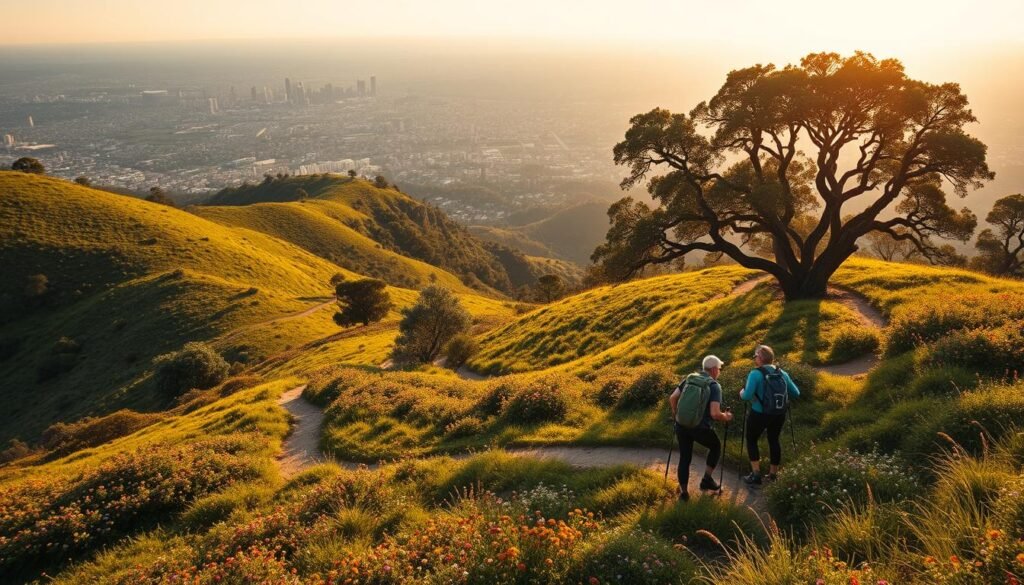Lush green hills dotted with vibrant wildflowers, crisscrossed by winding hiking trails that lead to breathtaking vistas overlooking the sprawling cityscape of Los Angeles. In the foreground, a group of hikers navigates the rugged terrain, their backpacks and trekking poles adding a sense of adventure. Warm, golden sunlight filters through the canopy of towering oak trees, casting a serene, inviting glow over the scene. The overall atmosphere is one of tranquility and escape, a peaceful respite from the bustling urban environment. Crisp, high-resolution, cinematic quality. Lush green hills dotted with vibrant wildflowers, crisscrossed by winding hiking trails that lead to breathtaking vistas overlooking the sprawling cityscape of Los Angeles. In the foreground, a group of hikers navigates the rugged terrain, their backpacks and trekking poles adding a sense of adventure. Warm, golden sunlight filters through the canopy of towering oak trees, casting a serene, inviting glow over the scene. The overall atmosphere is one of tranquility and escape, a peaceful respite from the bustling urban environment. Crisp, high-resolution, cinematic quality.