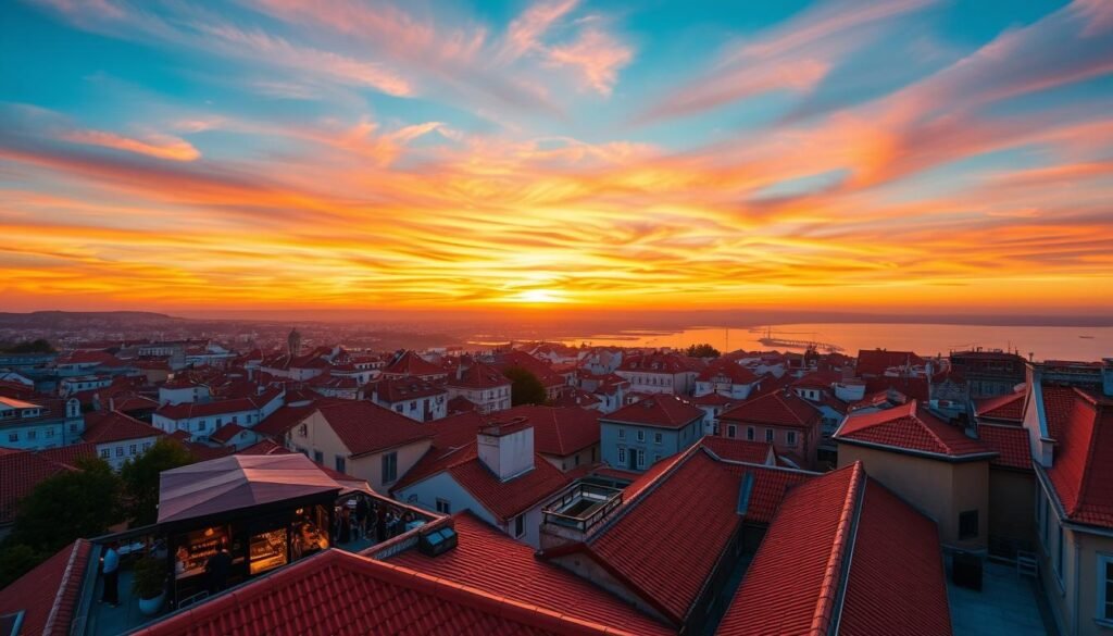 Magnificent sunset over the rooftops of Lisbon, Portugal. The sky ablaze with warm hues of orange, pink, and golden light, reflecting off the terracotta tiles and historic architecture. In the foreground, cozy rooftop terraces and bars come to life, people gathered to soak in the breathtaking vistas of the city and the Tagus River estuary in the distance. A wide-angle lens captures the sweeping panorama, showcasing Lisbon's iconic landmarks and the beautiful natural setting. The scene exudes a sense of tranquility and wonder, inviting the viewer to imagine themselves experiencing this magical moment.