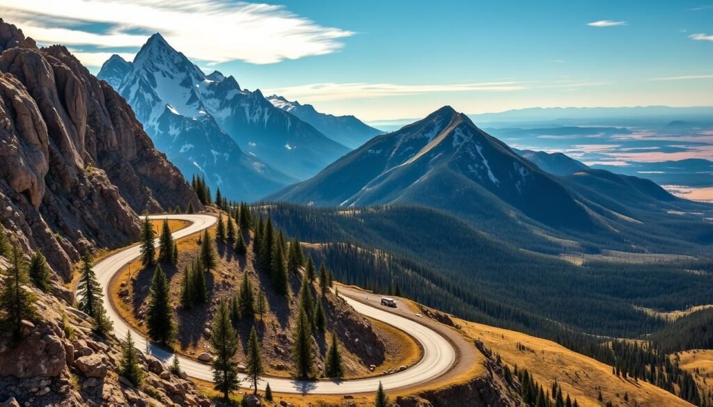 Majestic Beartooth Highway winds through rugged Montana landscapes, revealing breathtaking vistas. In the foreground, a serpentine road climbs alongside dramatic cliffs, dotted with pine trees. The middle ground showcases towering, snow-capped peaks that pierce the azure sky, their jagged edges casting long shadows across the scene. In the distance, a vast wilderness of forest and meadows stretches out, blanketed in a soft, golden light. The overall atmosphere evokes a sense of awe and adventure, inviting the viewer to embark on an unforgettable journey through this scenic mountain paradise. Majestic Beartooth Highway winds through rugged Montana landscapes, revealing breathtaking vistas. In the foreground, a serpentine road climbs alongside dramatic cliffs, dotted with pine trees. The middle ground showcases towering, snow-capped peaks that pierce the azure sky, their jagged edges casting long shadows across the scene. In the distance, a vast wilderness of forest and meadows stretches out, blanketed in a soft, golden light. The overall atmosphere evokes a sense of awe and adventure, inviting the viewer to embark on an unforgettable journey through this scenic mountain paradise.