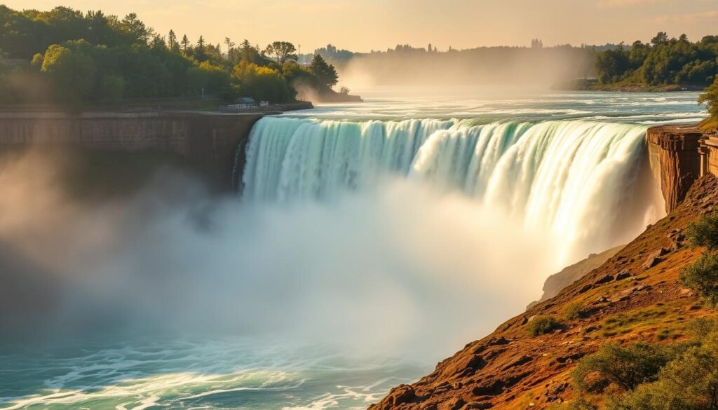 Majestic Niagara Falls, cascading over the rocky cliffs, with a thunderous roar that echoes through the gorge. Capture the dramatic scene as the powerful waterfalls plunge down, shrouded in a veil of mist and rainbows. Set against a backdrop of lush, verdant foliage, the grand, iconic landmark stands tall, showcasing the raw, natural beauty of this Canadian wonder. Use a wide-angle lens to frame the falls in all their glory, with the iconic Horseshoe Falls taking center stage. Bathe the scene in warm, golden afternoon light, casting a soft, ethereal glow over the cascading waters. Convey a sense of awe and wonder, inviting the viewer to be immersed in the captivating power and splendor of Niagara Falls. Majestic Niagara Falls, cascading over the rocky cliffs, with a thunderous roar that echoes through the gorge. Capture the dramatic scene as the powerful waterfalls plunge down, shrouded in a veil of mist and rainbows. Set against a backdrop of lush, verdant foliage, the grand, iconic landmark stands tall, showcasing the raw, natural beauty of this Canadian wonder. Use a wide-angle lens to frame the falls in all their glory, with the iconic Horseshoe Falls taking center stage. Bathe the scene in warm, golden afternoon light, casting a soft, ethereal glow over the cascading waters. Convey a sense of awe and wonder, inviting the viewer to be immersed in the captivating power and splendor of Niagara Falls.