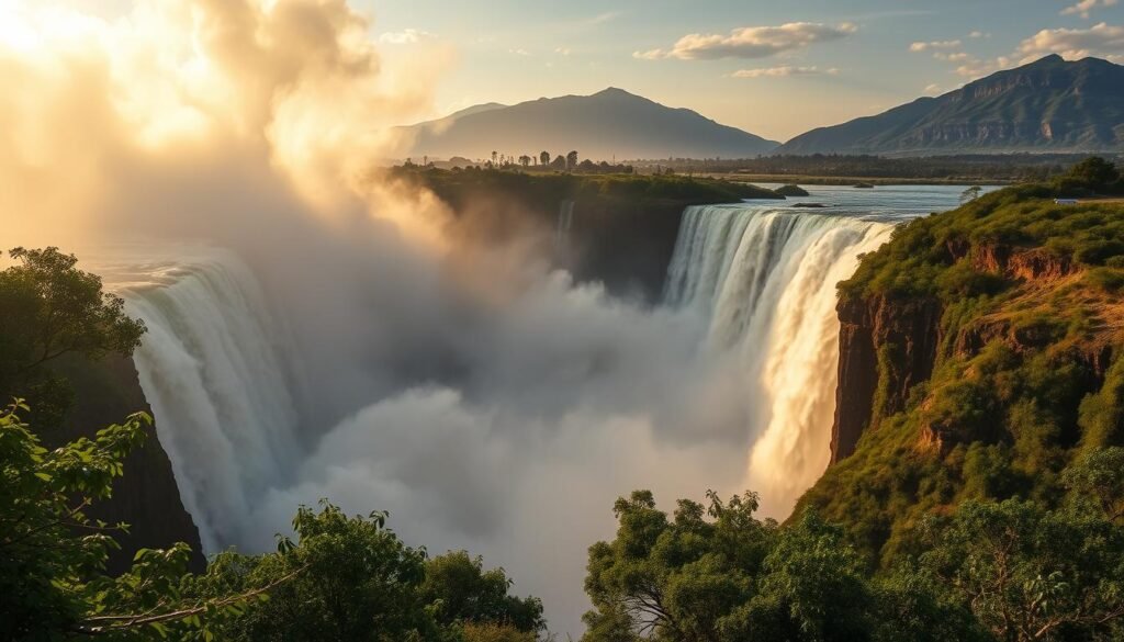 Majestic Victoria Falls, the world's largest waterfall, cascading over a vast basalt cliff into the Zambezi River gorge. Billowing clouds of mist rise up, illuminated by the sun's golden rays, creating a stunning 'smoke that thunders' effect. In the foreground, lush, verdant rainforest vegetation frames the dramatic scene, while in the middle ground, the powerful, rushing water plunges down into the churning, mist-shrouded abyss. In the background, rugged mountains rise up, adding depth and grandeur to the breathtaking landscape. Capture this awe-inspiring natural wonder in a cinematic, high-resolution image, using a wide-angle lens to showcase the sheer scale and majesty of Victoria Falls.