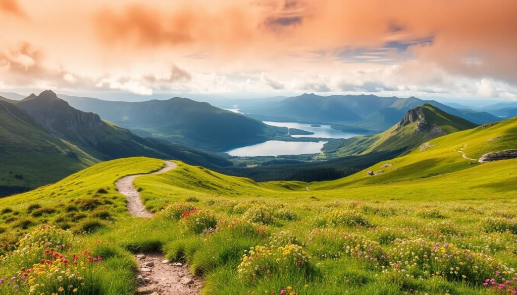 Majestic Wicklow Mountains landscape, with rugged peaks, rolling hills, and lush green meadows. In the foreground, a winding hiking trail leads through a colorful wildflower-dotted meadow. In the middle ground, a picturesque lake, Lough Tay, reflects the surrounding mountains and forests. The background features the iconic Spinc Trail, a dramatic ridgeline with sweeping vistas. Warm, golden sunlight filters through wispy clouds, casting a serene, atmospheric glow over the scene. A wide-angle lens captures the grandeur of this remarkable Irish countryside, showcasing the natural beauty of the Wicklow region.