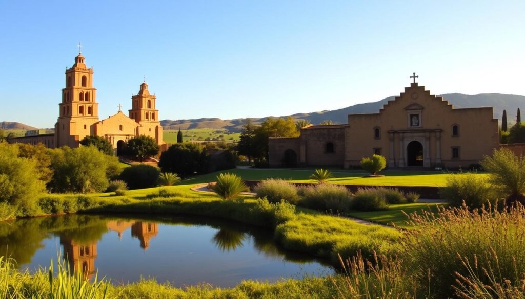 Majestic adobe buildings standing tall, bathed in warm, golden sunlight, their distinctive architecture casting intricate shadows across the lush, verdant landscape. In the foreground, a tranquil pond reflects the serene mission towers, while in the distance, rolling hills and a clear blue sky create a picturesque, timeless scene. A wide-angle lens captures the grandeur and scale of this UNESCO World Heritage Site, evoking the rich history and cultural significance of the San Antonio Missions National Historical Park. Majestic adobe buildings standing tall, bathed in warm, golden sunlight, their distinctive architecture casting intricate shadows across the lush, verdant landscape. In the foreground, a tranquil pond reflects the serene mission towers, while in the distance, rolling hills and a clear blue sky create a picturesque, timeless scene. A wide-angle lens captures the grandeur and scale of this UNESCO World Heritage Site, evoking the rich history and cultural significance of the San Antonio Missions National Historical Park.