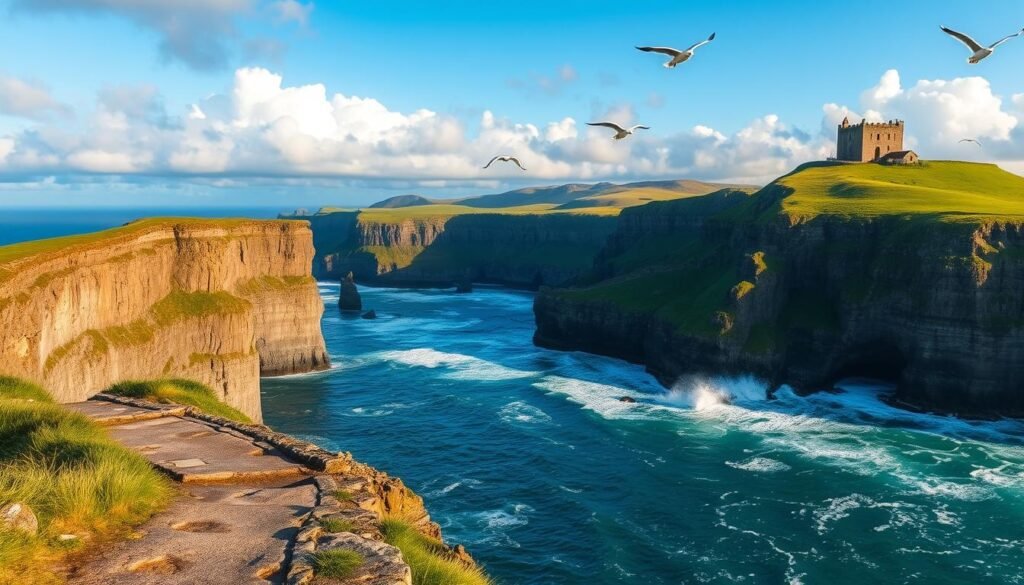 Majestic cliffs of Moher rise dramatically from the crashing waves of the Atlantic Ocean, their sheer limestone facades bathed in warm golden sunlight. In the foreground, a weathered stone path winds along the cliff's edge, inviting exploration. Seabirds soar effortlessly against a backdrop of fluffy white clouds drifting across a deep azure sky. The middle distance reveals lush, rolling green hills dotted with quaint stone cottages, while in the distance, the dramatic silhouette of a medieval castle keeps watch over the rugged coastal landscape. An atmosphere of timeless wonder and natural grandeur pervades the scene, capturing the essence of Ireland's iconic landmarks and scenic beauty.