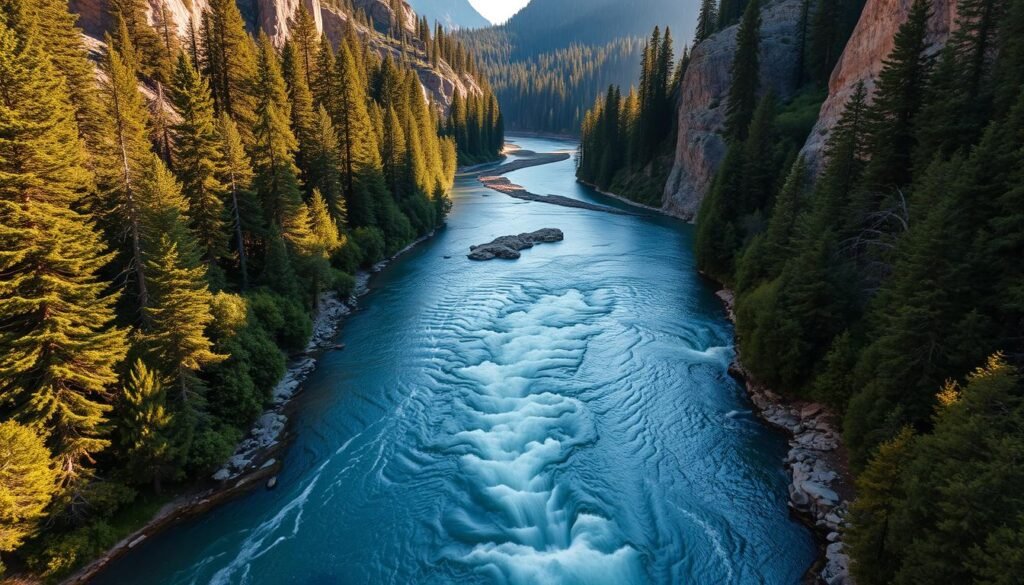 Majestic river winding through the rugged Helena National Forest, flanked by towering granite cliffs and lush evergreen foliage. Sunlight filters through the canopy, casting a warm, golden glow on the gently flowing waters. A serene, tranquil scene, with a sense of peaceful solitude and connection to the natural world. The river is the focal point, its meandering path leading the eye through the lush, untamed wilderness. Smooth, long exposure shot captures the dynamic movement of the current, contrasted by the stillness of the surrounding landscape. An image that transports the viewer to this remote, awe-inspiring corner of Montana. Majestic river winding through the rugged Helena National Forest, flanked by towering granite cliffs and lush evergreen foliage. Sunlight filters through the canopy, casting a warm, golden glow on the gently flowing waters. A serene, tranquil scene, with a sense of peaceful solitude and connection to the natural world. The river is the focal point, its meandering path leading the eye through the lush, untamed wilderness. Smooth, long exposure shot captures the dynamic movement of the current, contrasted by the stillness of the surrounding landscape. An image that transports the viewer to this remote, awe-inspiring corner of Montana.
