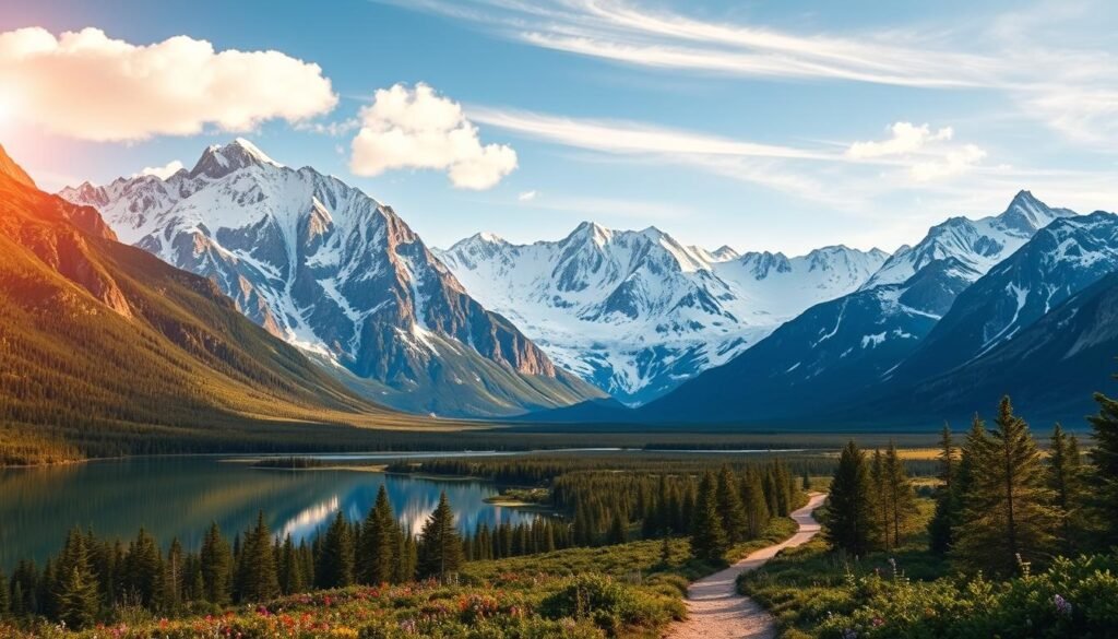 Majestic snow-capped peaks of Denali National Park, towering against a clear azure sky. In the foreground, a pristine alpine lake reflects the grandeur of the landscape, its still waters mirroring the rugged granite cliffs that rise up on the horizon. Lush green boreal forests fill the middle ground, dotted with vibrant wildflowers. A winding trail leads the eye deeper into this vast wilderness, inviting the viewer to explore this land of unparalleled natural wonder. Shafts of golden sunlight pierce through wispy clouds, casting a warm, cinematic glow over the entire scene. This is Denali, a place of awe-inspiring beauty and boundless adventure.