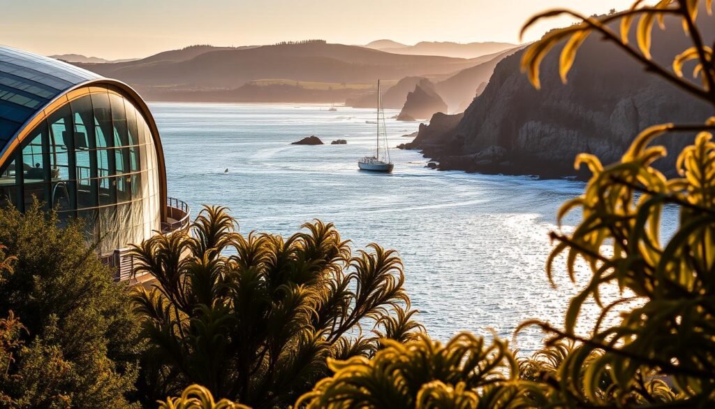 Monterey Bay Aquarium, a coastal marvel nestled on the picturesque shores of Monterey, California. In the foreground, the iconic curved glass facade reflects the shimmering waters of the bay, inviting visitors to explore the wonders within. Towering kelp forests sway gently in the middle ground, their lush greenery contrasting with the deep blue hues of the ocean. In the background, the rugged cliffs and rolling hills of the Monterey Peninsula provide a dramatic backdrop, bathed in the warm glow of the setting sun. The scene exudes a sense of tranquility and wonder, perfectly capturing the essence of this beloved California landmark.