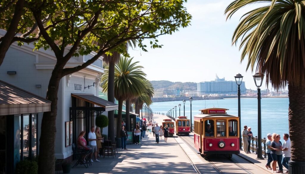 Monterey cultural life: A sun-dappled promenade along the historic Monterey Bay waterfront, lined with vibrant murals, artisan galleries, and the stately Stevenson House where the renowned author once resided. In the distance, the iconic Monterey Bay Aquarium rises, a hub of marine research and education. Gentle ocean breezes carry the scent of freshly caught seafood from nearby alfresco cafes, where locals and visitors mingle, discussing the region's rich artistic heritage. Vintage trolleys chug past the grand Victorian facades of Colton Hall, once the seat of California's first constitutional convention. This is Monterey, a tapestry of California's past and present, where the legacy of Steinbeck and the creative spirit of the coast intertwine.