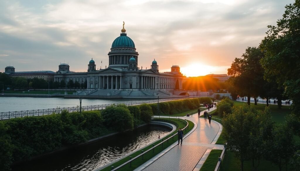 Museum Island, a majestic ensemble of five world-renowned museums nestled in the heart of Berlin, stands as a testament to the city's rich cultural heritage. Capture the grand Neo-Renaissance architecture bathed in the warm glow of the evening sun, its iconic dome silhouetted against a softly hued sky. In the foreground, a tranquil river reflects the stately facades, while visitors stroll along the cobblestone paths, immersed in the serene ambiance. The middle ground reveals the intricate details of the museums' ornate facades, inviting the viewer to explore the treasures within. Lush greenery and meticulously landscaped gardens surround the island, creating a harmonious blend of natural and man-made beauty. Evoke a sense of timeless elegance and the allure of discovering Berlin's cultural gems on Museum Island.