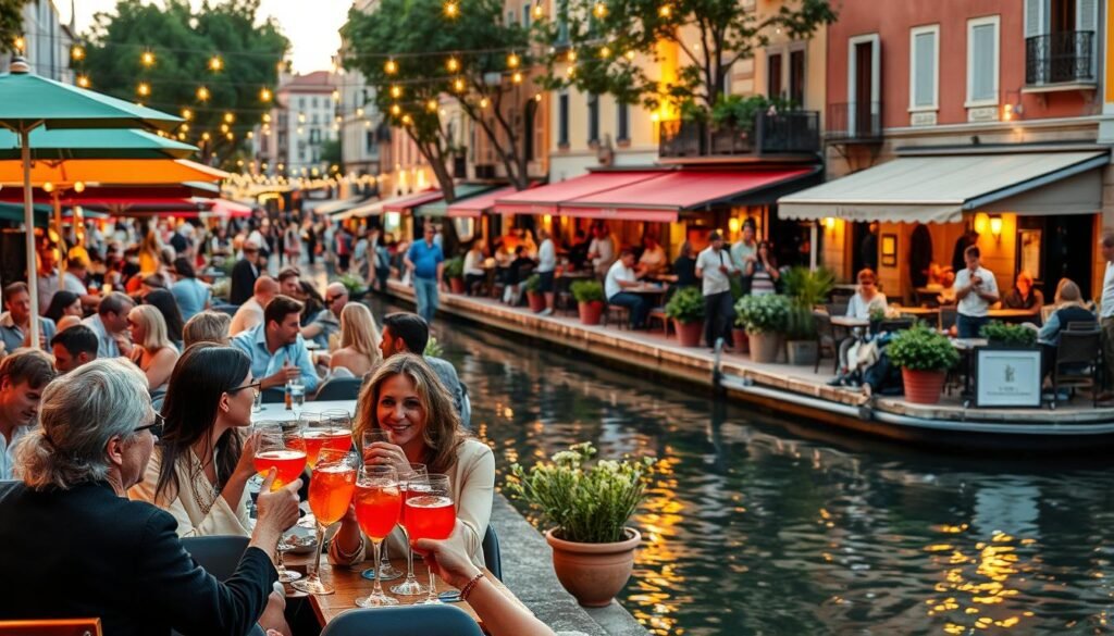 Navigli aperitivo: A bustling waterfront scene of Milan's charming Navigli district, with tables lining the canals and people enjoying cocktails and conversation under the warm glow of string lights. In the foreground, a group of friends toast with Aperol Spritzes, while across the water, well-dressed locals spill out of cozy bars and cafés. The middle ground features colorful umbrellas, potted plants, and the reflection of historic buildings on the calm waters. The background is filled with the warm, golden tones of a summer evening, creating a vibrant, lively atmosphere. Navigli aperitivo: A bustling waterfront scene of Milan's charming Navigli district, with tables lining the canals and people enjoying cocktails and conversation under the warm glow of string lights. In the foreground, a group of friends toast with Aperol Spritzes, while across the water, well-dressed locals spill out of cozy bars and cafés. The middle ground features colorful umbrellas, potted plants, and the reflection of historic buildings on the calm waters. The background is filled with the warm, golden tones of a summer evening, creating a vibrant, lively atmosphere.