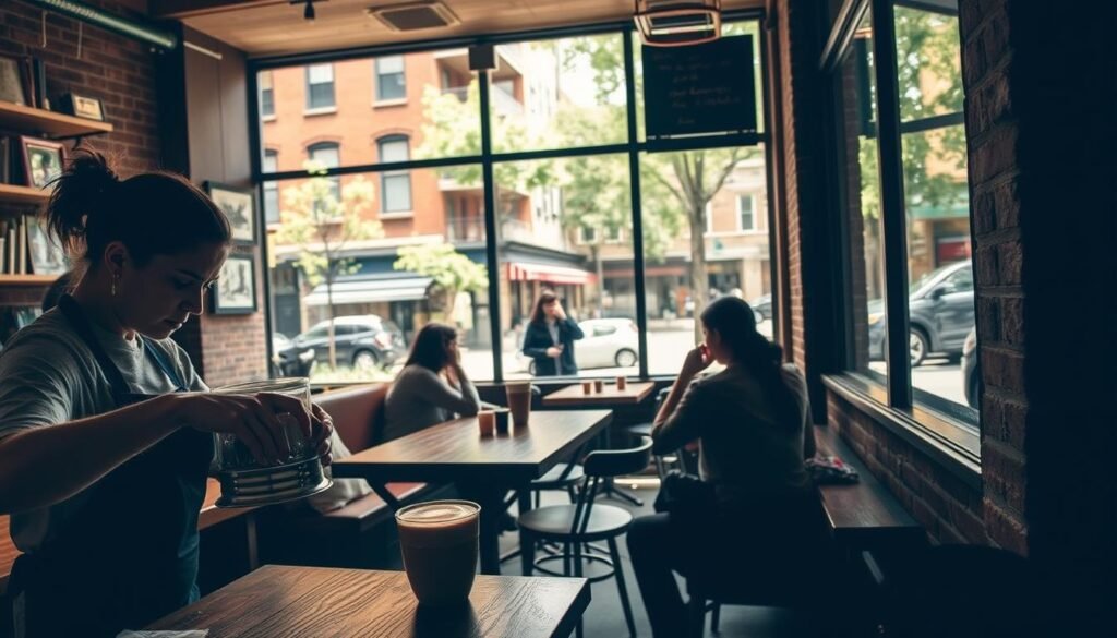 Neighborhood food guide coffee: a cozy, sun-dappled cafe nestled in a charming Brooklyn street. Wooden tables, exposed brick walls, and the aroma of freshly brewed java fill the air. In the foreground, a barista meticulously pours latte art, their hands steady and focused. Mid-ground, patrons sip their drinks, deep in conversation or lost in thought. The background reveals the vibrant street scene beyond the cafe's windows - brownstone facades, lush trees, and the occasional passerby. The lighting is warm and inviting, creating a welcoming atmosphere that draws you in, beckoning you to linger and savor the moment.