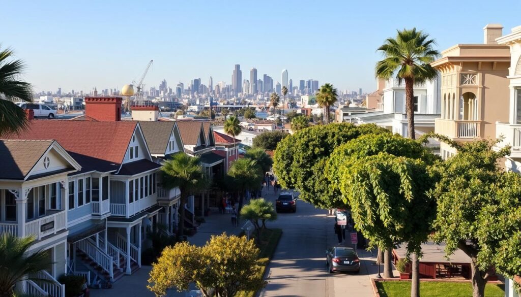 Neighborhoods Long Beach: A vibrant urban tapestry of charming homes, lush greenery, and bustling sidewalks. In the foreground, sun-dappled streets lined with colorful bungalows and quaint cafes invite you to stroll and explore. In the middle ground, families gather in cozy parks, laughing and playing under the warm glow of a California afternoon. In the distance, the iconic skyline of Downtown Long Beach rises, a blend of modern high-rises and historic architecture, hinting at the diverse cultural experiences that await. Capture the neighborhood's lively energy and inviting atmosphere through a wide-angle lens, showcasing the harmonious blend of residential and commercial spaces that make this city a beloved destination.