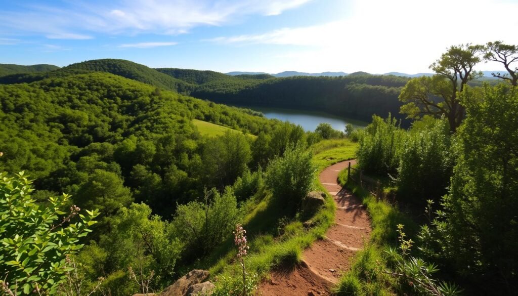 Oak mountain landscape with lush green forest, rolling hills, and a serene lake reflecting the azure sky. A winding hiking trail leading through the verdant foliage, sunlight filtering through the canopy, casting a warm glow on the scene. In the distance, the majestic silhouettes of oak trees stand tall, their sturdy branches reaching towards the heavens. The air is crisp and invigorating, inviting visitors to immerse themselves in the tranquil beauty of this natural wonder. Captured with a wide-angle lens to showcase the grandeur of the surroundings, the image conveys a sense of adventure and rejuvenation, perfectly complementing the "Trail Time: Oak Mountain State Park Day Trip" section of the article.